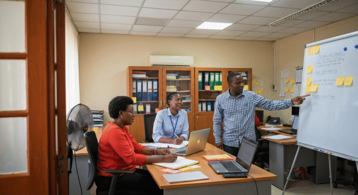 Small business team holding informal meeting in a Botswana office workspace
