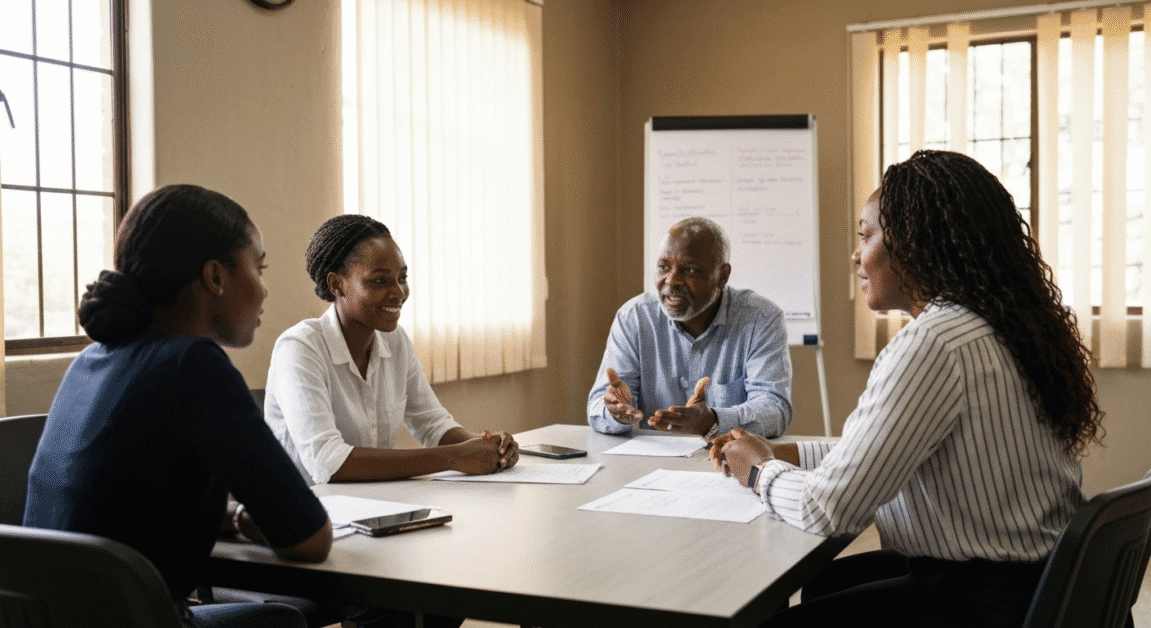 Botswana entrepreneur receiving mentorship in a local co-working space