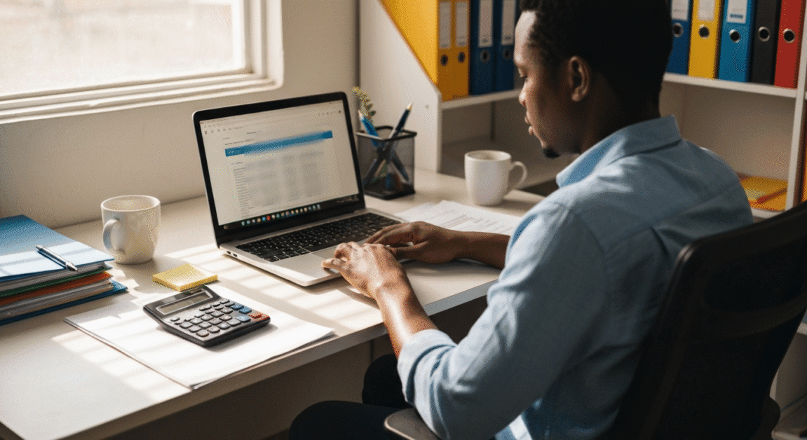 Entrepreneur in Botswana working on tax preparation at a home office desk