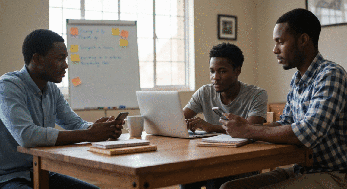 Botswana entrepreneurs using laptop and phone to track business finances