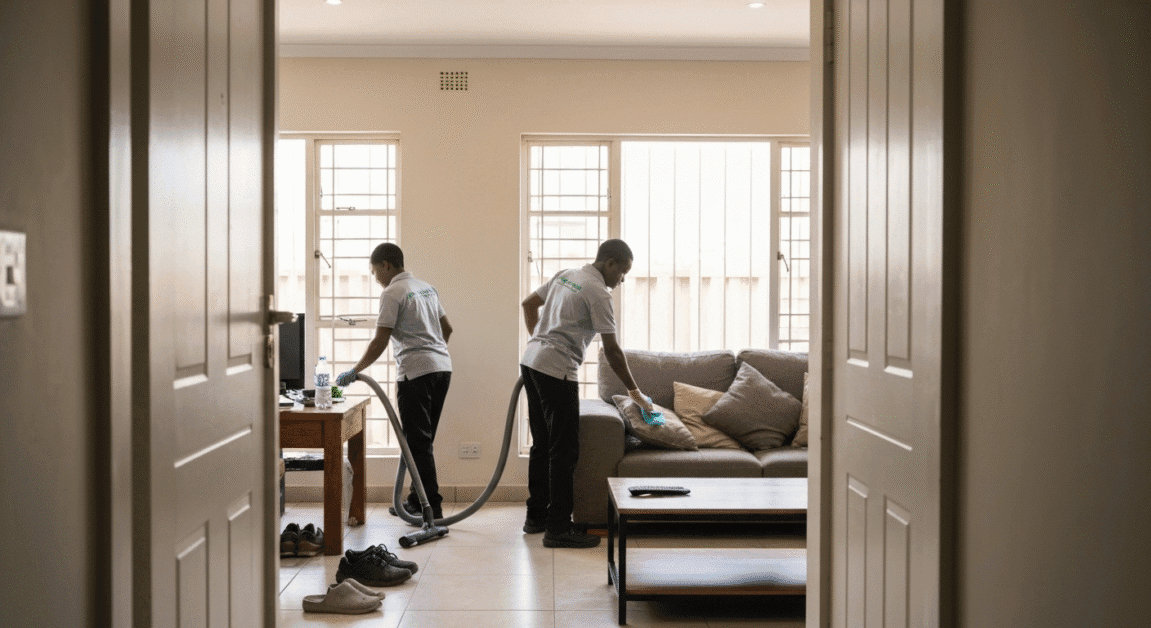 Urban home in Botswana being cleaned by a small professional team