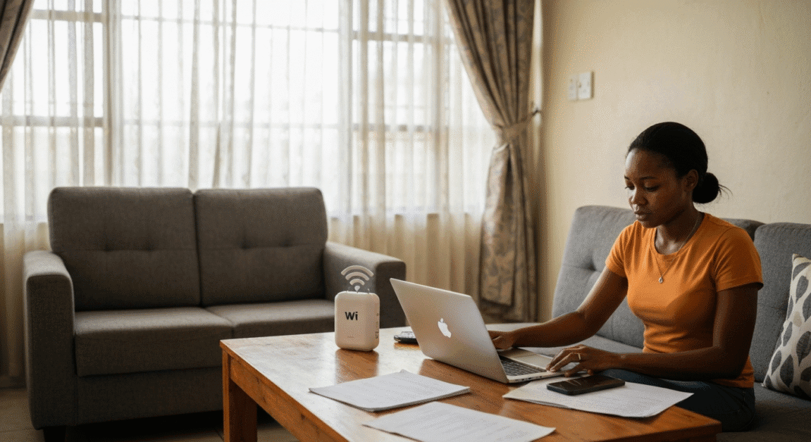 Young Botswana entrepreneur learning online at home with laptop and portable Wi-Fi