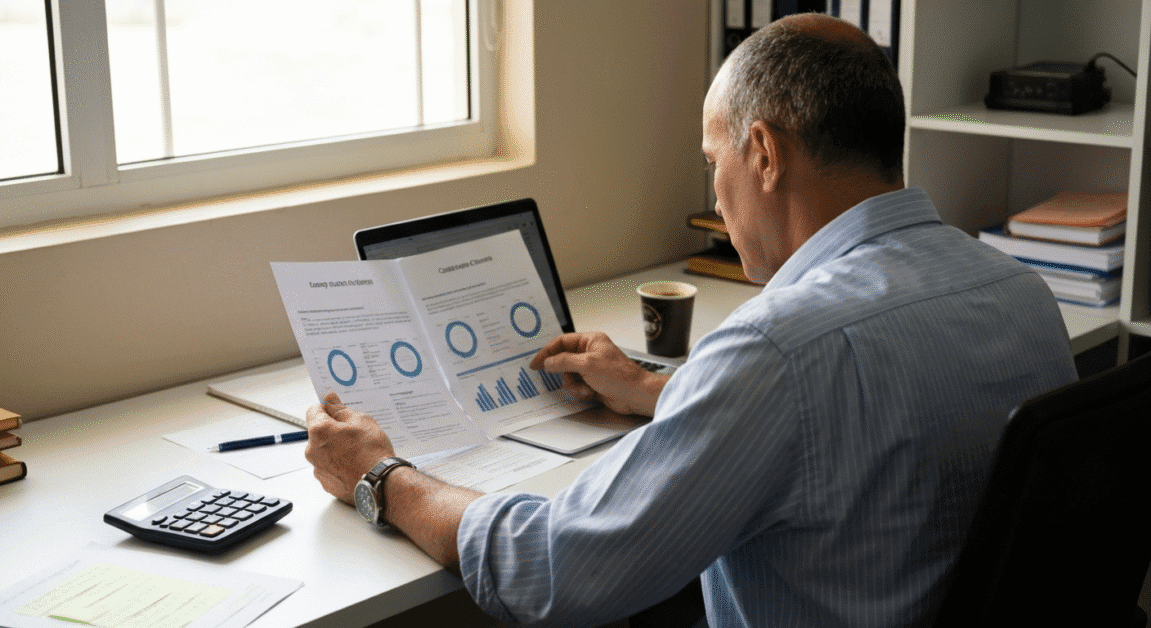 Entrepreneur in Botswana working on business model and finances with laptop and notes