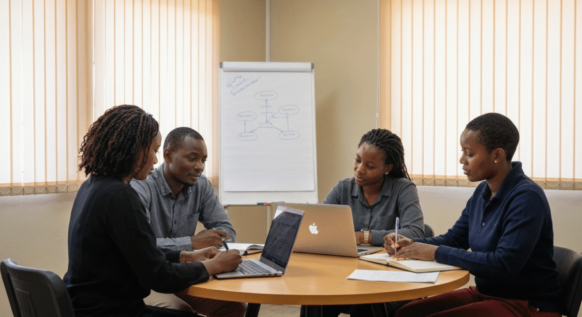Small group of Botswana entrepreneurs engaged in collaborative mentorship session