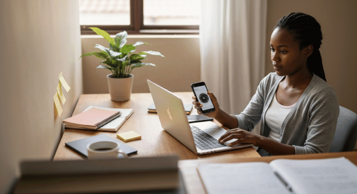 Botswana entrepreneur creating a digital marketing habit at home workspace