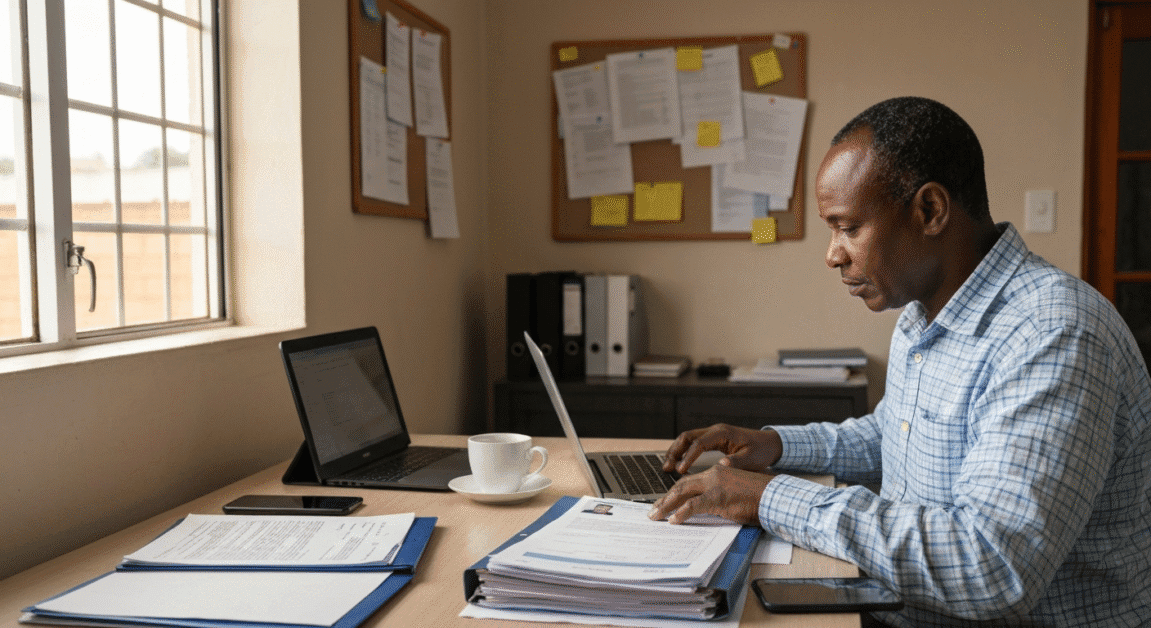 Motswana entrepreneur reviewing documents and ID copies before annual return filing