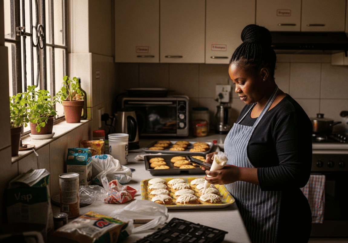 Woman in Botswana icing fatcakes in a home kitchen used for baking business