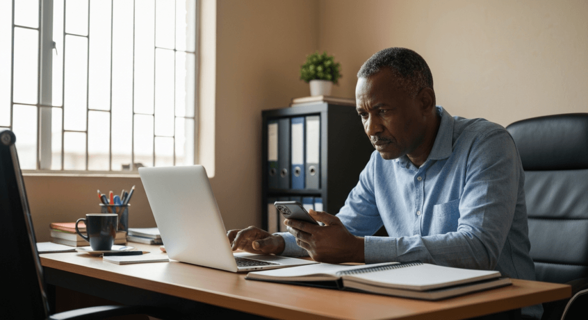 Botswanan entrepreneur in office using digital marketing tools