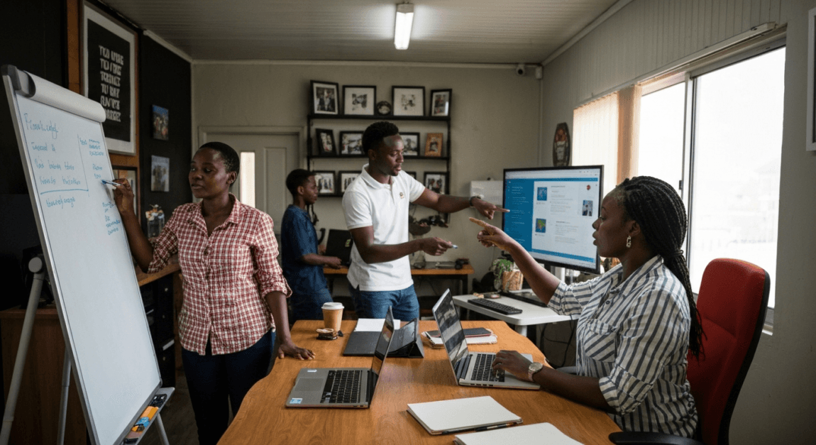 Team in Botswana office collaborating on scaling strategies with digital tools.