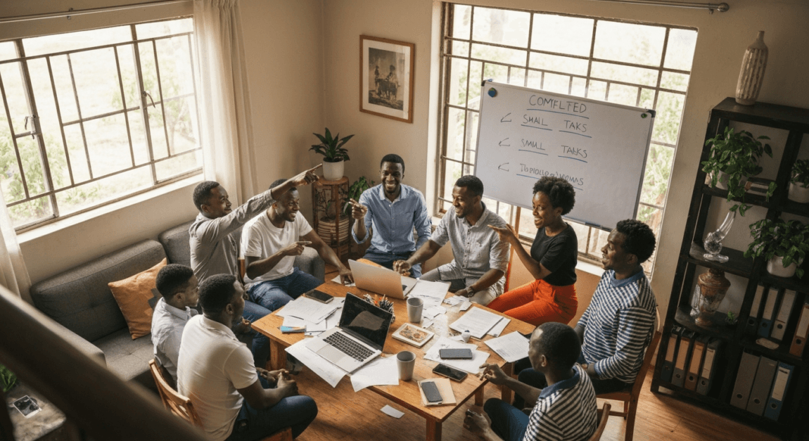 Botswana entrepreneurs celebrating small victories around a workspace table