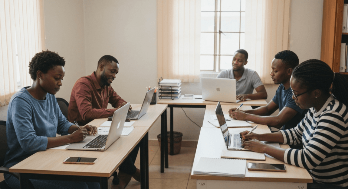 Botswana entrepreneurs engaging in a collaborative feedback session