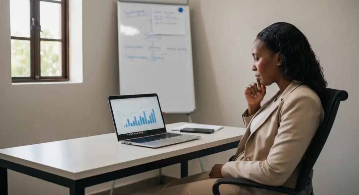 Businesswoman analyzing business model on a laptop inside a Botswana office