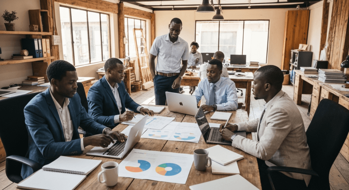 Team collaborating on business plan strategy inside Botswana office