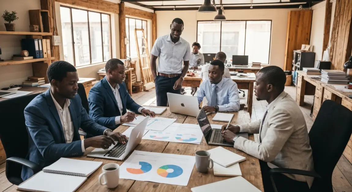 Team collaborating on business plan strategy inside Botswana office