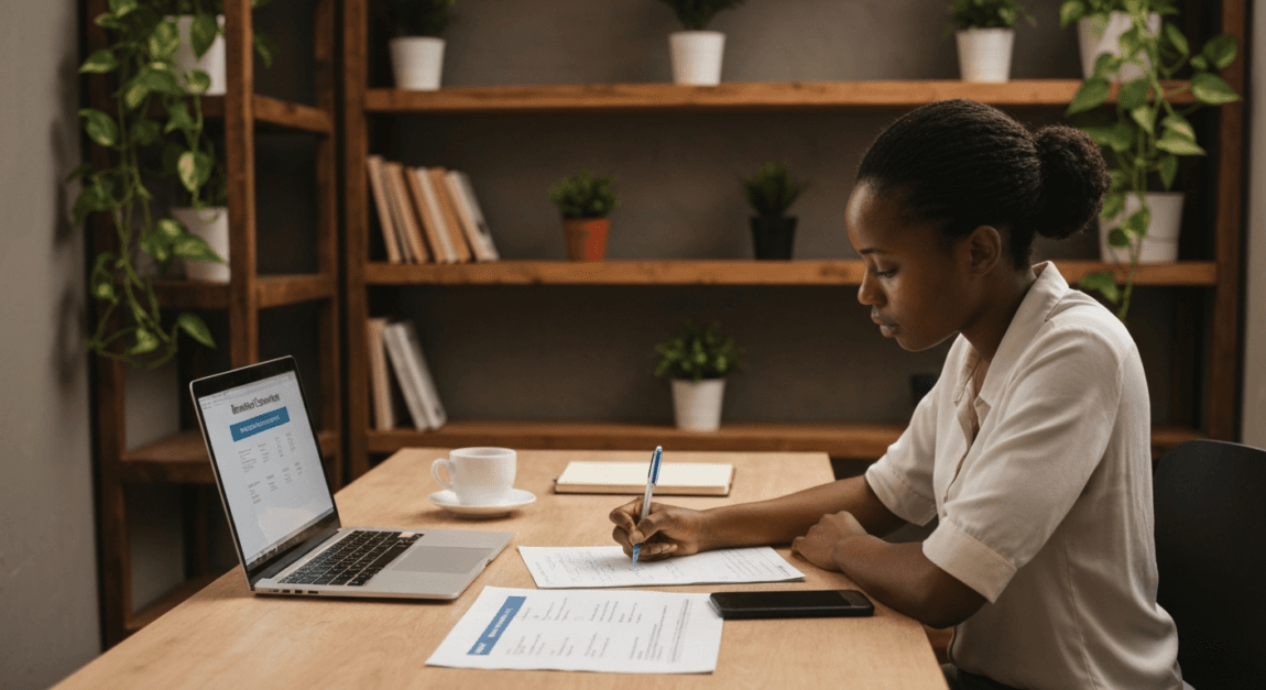 Entrepreneur using Business Model Canvas inside Botswana office