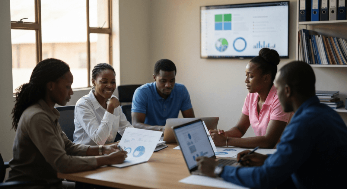 Team in Botswana office discussing sustainability strategies and green certifications