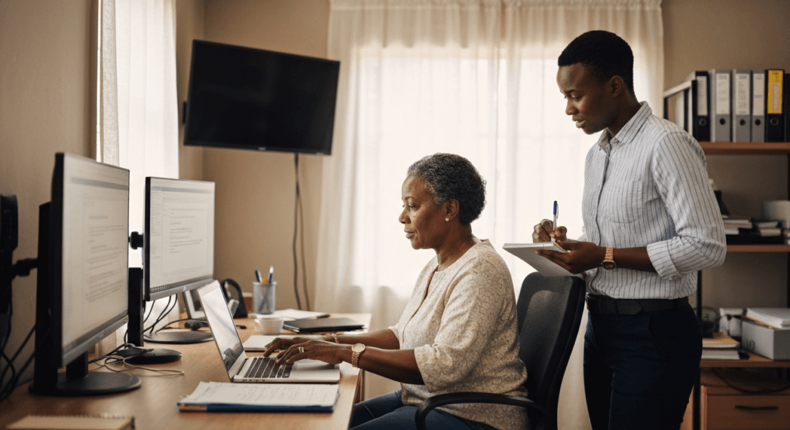Mentor guiding an entrepreneur at a Botswana home office workspace