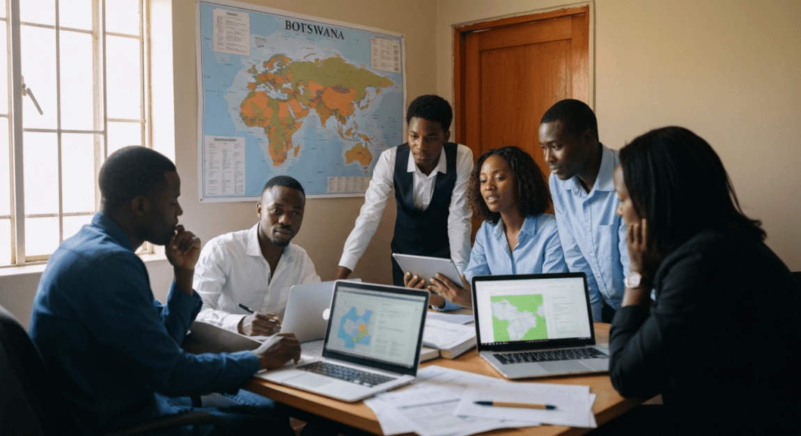 Business professionals in Botswana office collaborating on strategic plans with a focus on national goals.