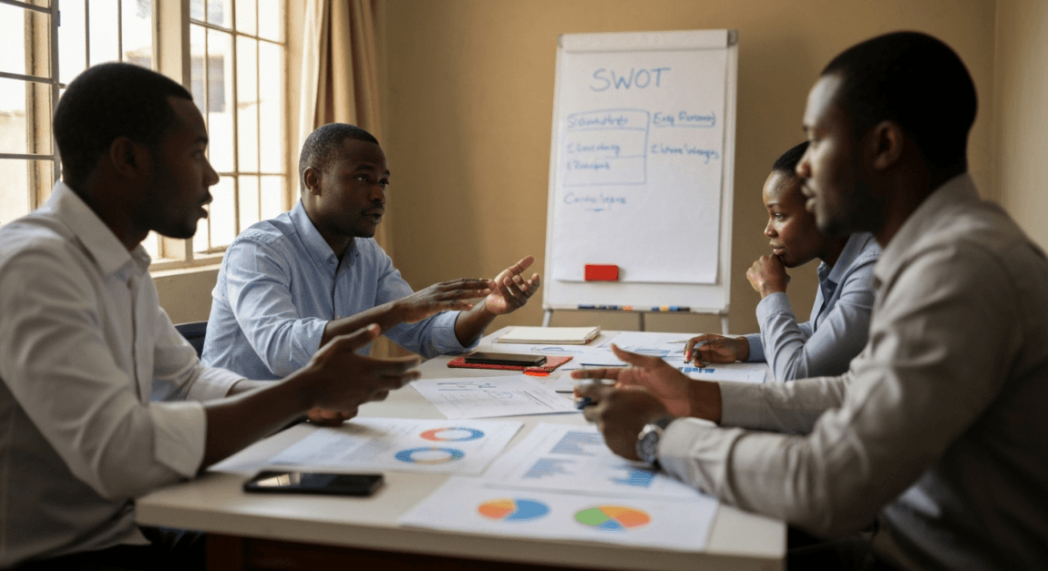 Business team conducting a SWOT analysis in a Botswana office.