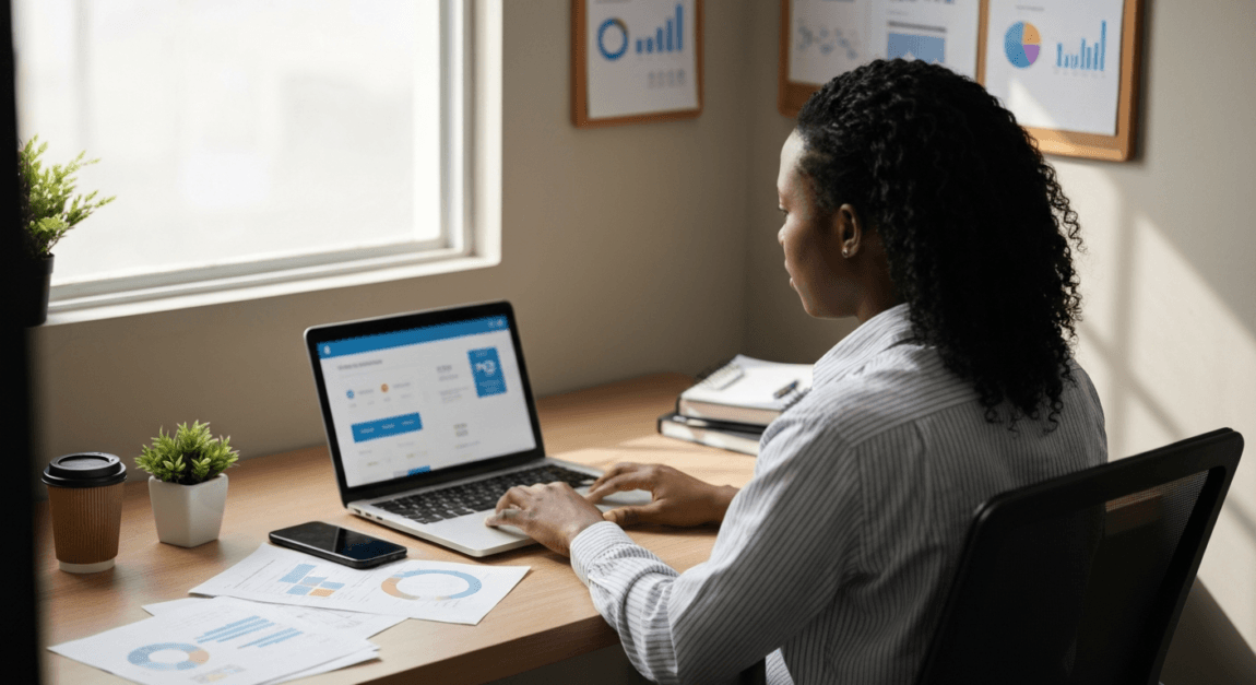 Franchise manager using integrated technology systems like POS and ERP on a laptop in a Botswana office.