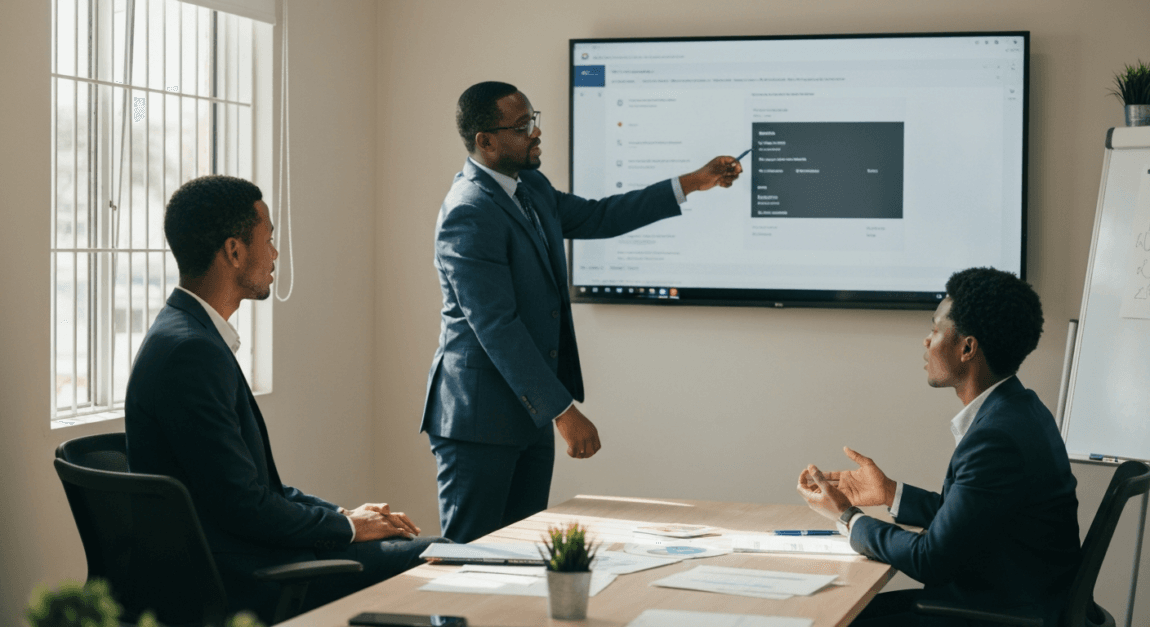 Business team in Botswana discussing business process management solutions in an office setting.