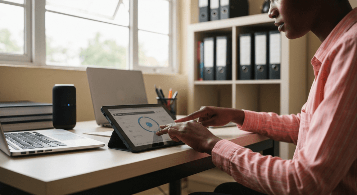 Franchise operations manager using a tablet to automate processes in Botswana.