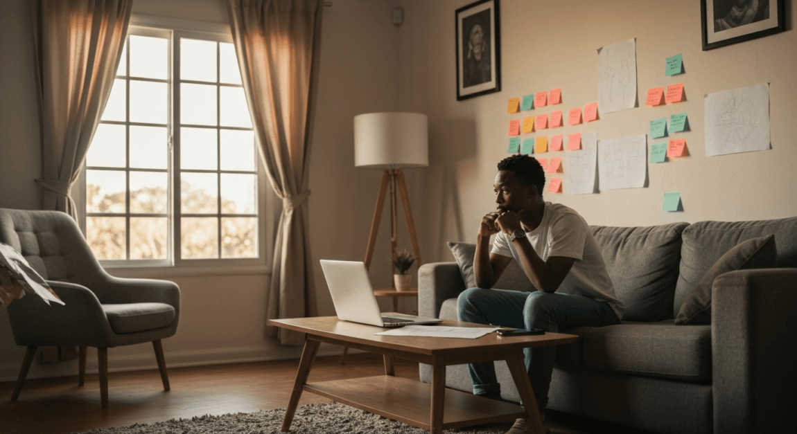 A youth entrepreneur in Botswana conceptualizing a business idea in a living room workspace.