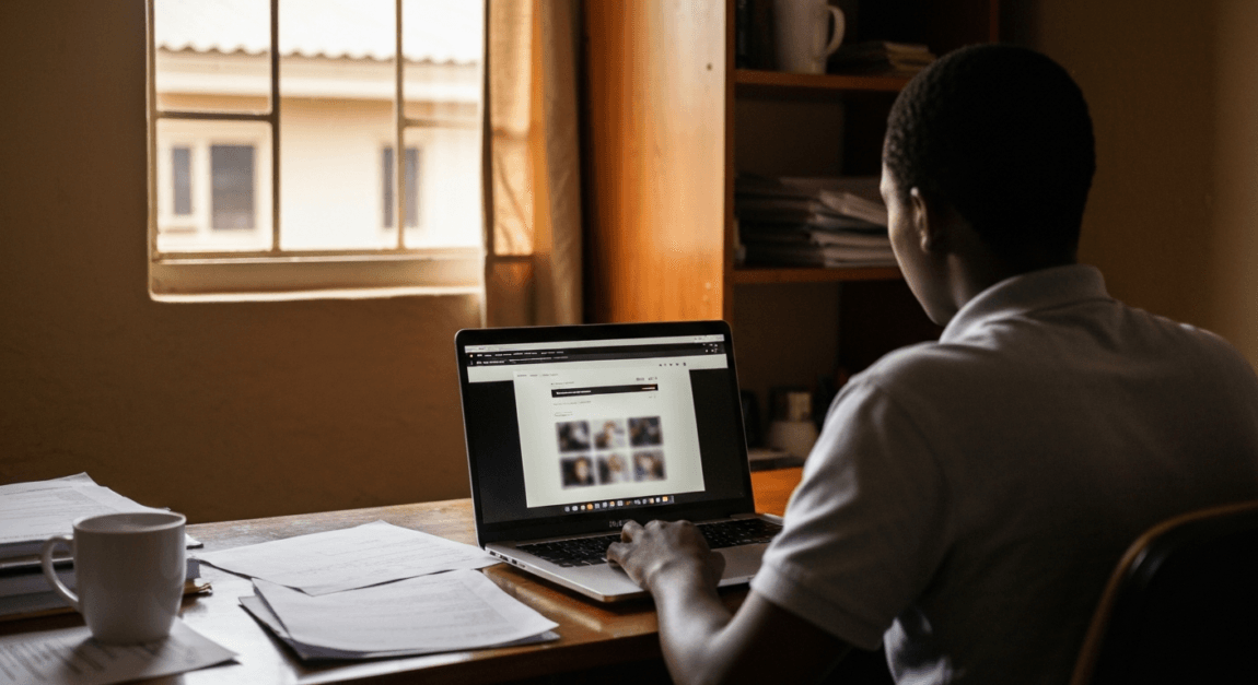 A person working on a laptop setting up a business website in a Botswana office.