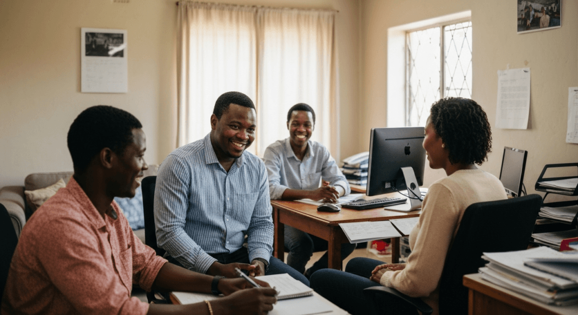 Customer Retention Strategies to Build Loyalty 1 Botswana SME team engaging in personalized customer service in a small office workspace.