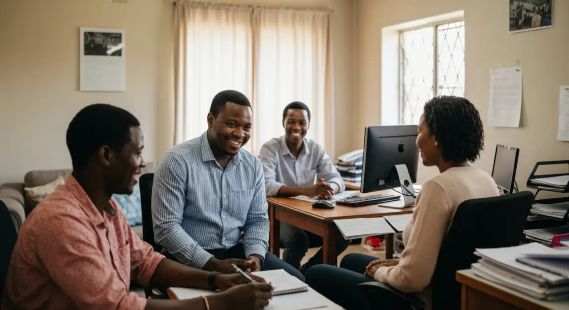 Customer Retention Strategies to Build Loyalty 1 Botswana SME team engaging in personalized customer service in a small office workspace.