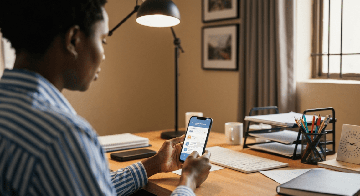 Customer Retention Strategies to Build Loyalty 4 Botswana entrepreneur using smartphone to manage a loyalty program in a private office setting.