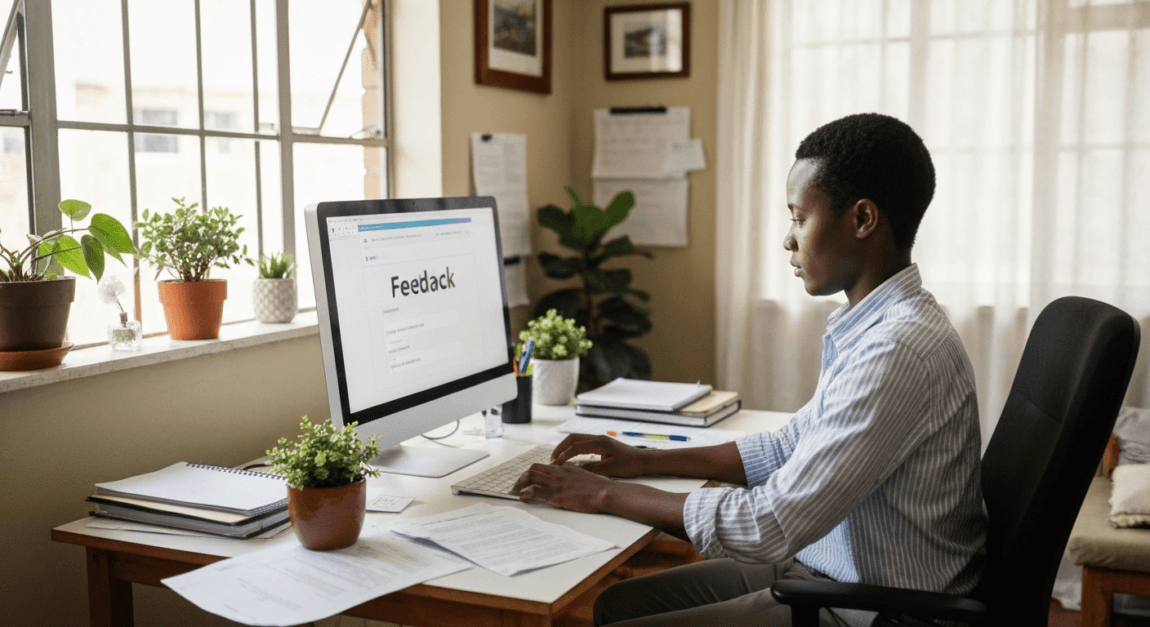 Customer Retention Strategies to Build Loyalty 7 Botswana business professional collecting customer feedback on a computer in a private office.
