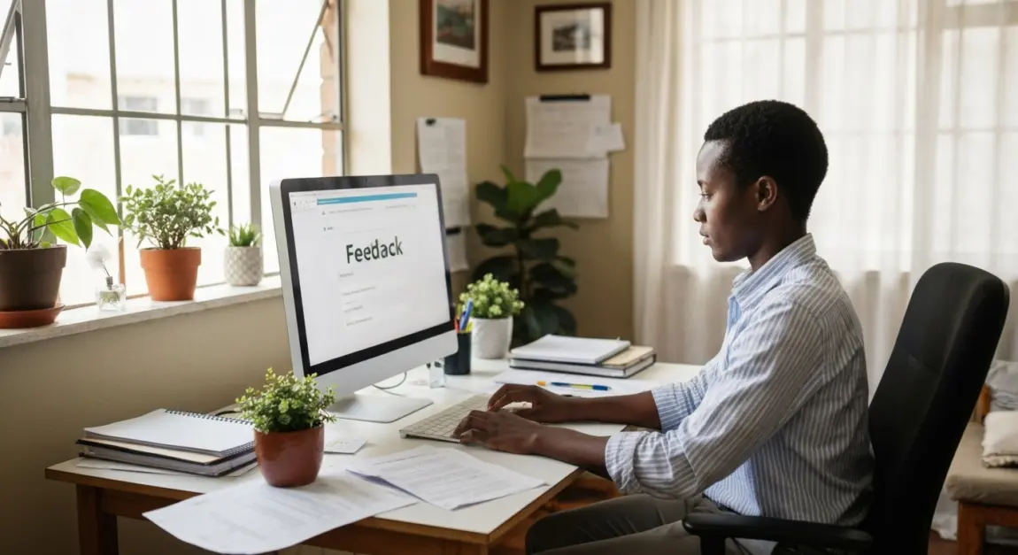 Customer Retention Strategies to Build Loyalty 7 Botswana business professional collecting customer feedback on a computer in a private office.