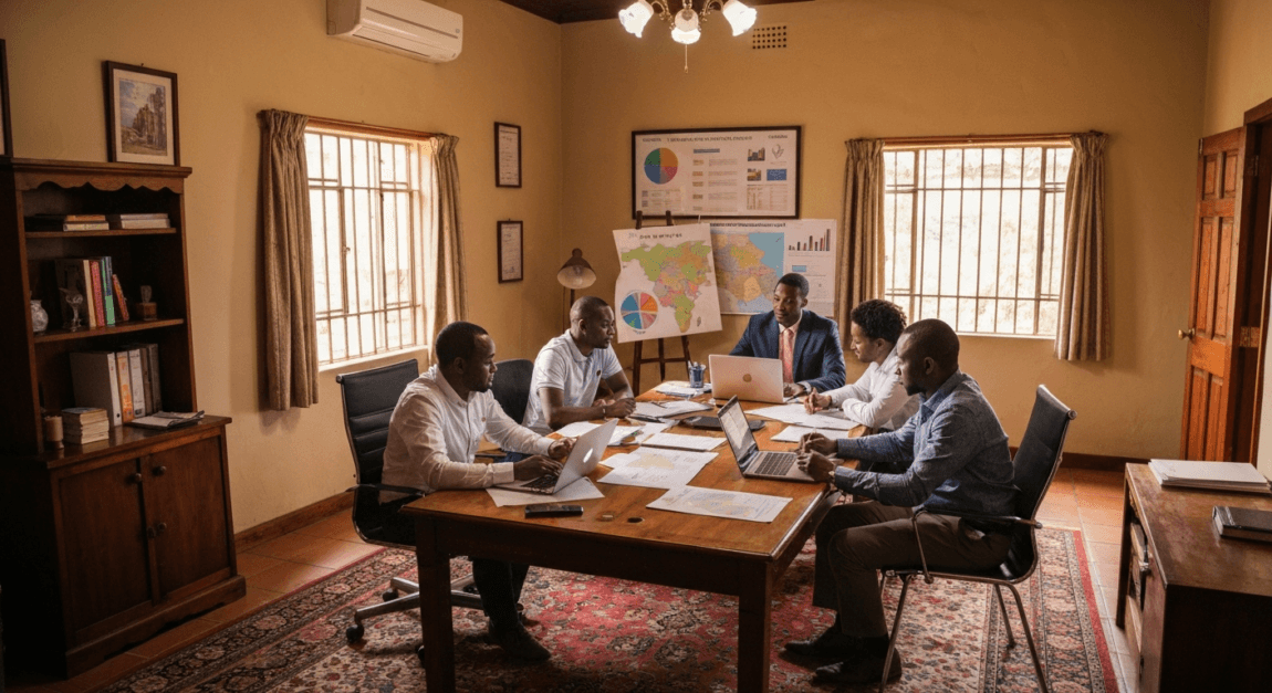 Entrepreneurs in Botswana planning a multi-unit expansion strategy in an office setting.