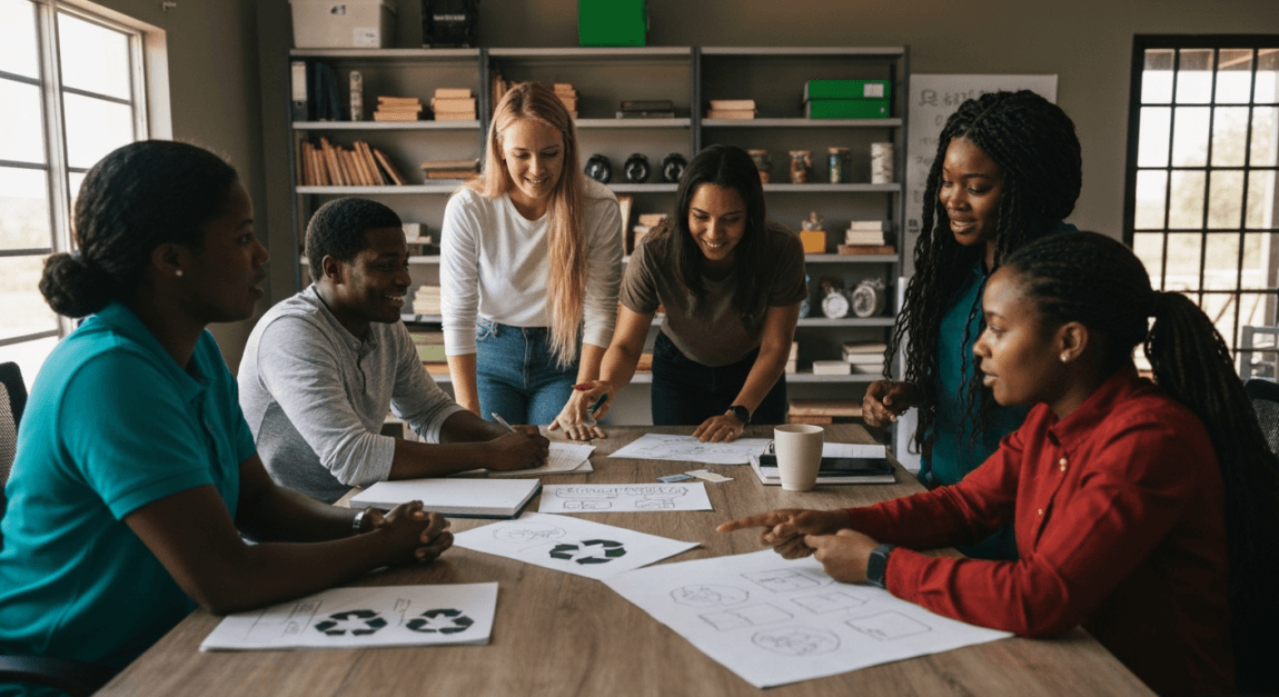 Future Trends in Sustainable Business 1 Botswana office team brainstorming recycling initiatives reflecting circular economy practices.