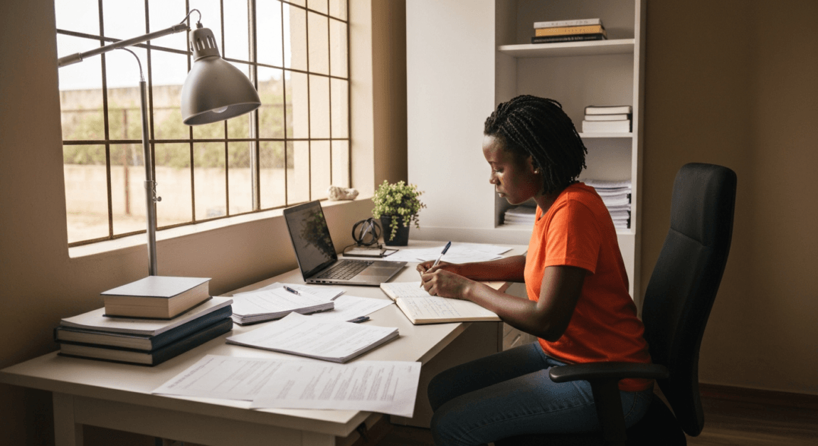 Future Trends in Sustainable Business 7 Botswana entrepreneur researching sustainable business opportunities at a desk.