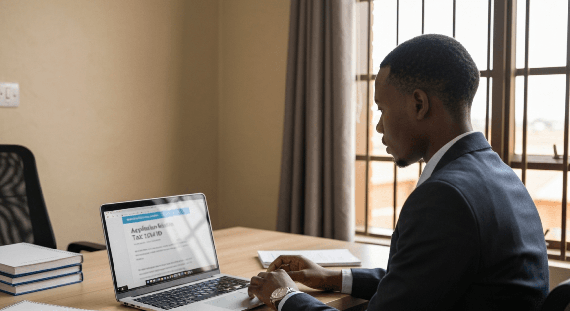 Entrepreneur in a Botswana office focusing on obtaining tax ID