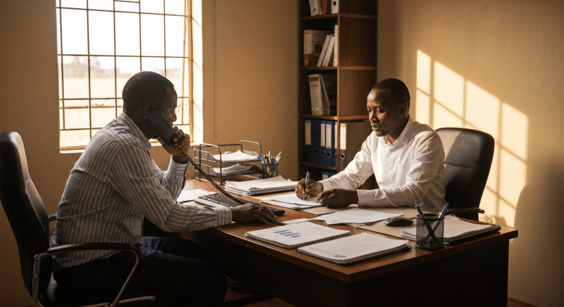 Small business owner in Botswana office opening a corporate bank account