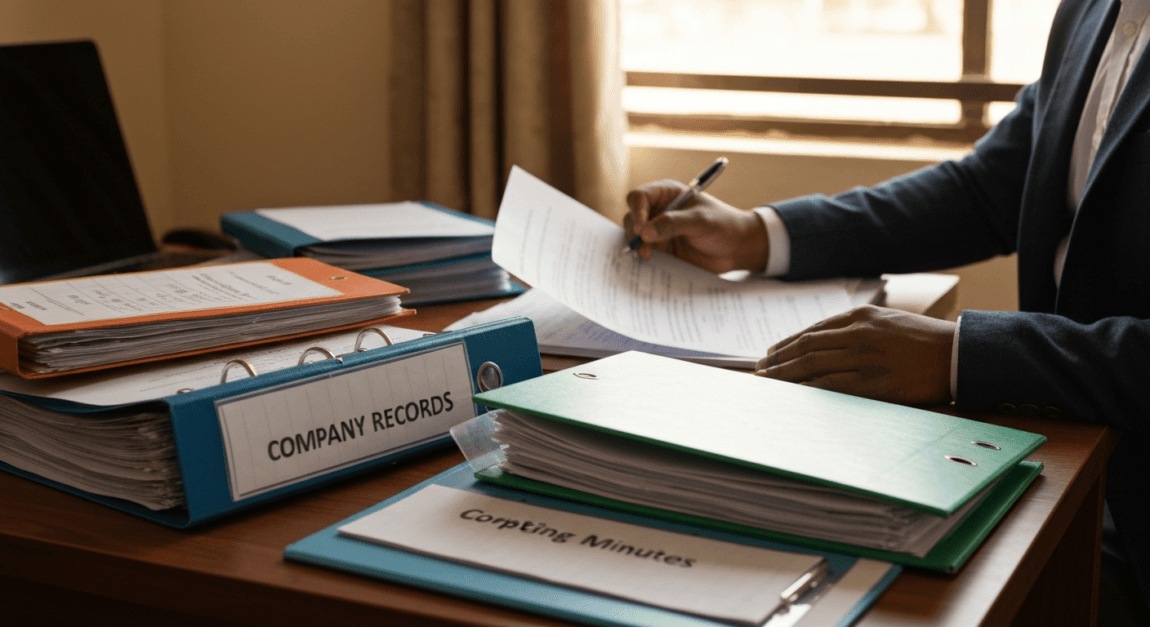 Entrepreneur managing company records in a Botswana office