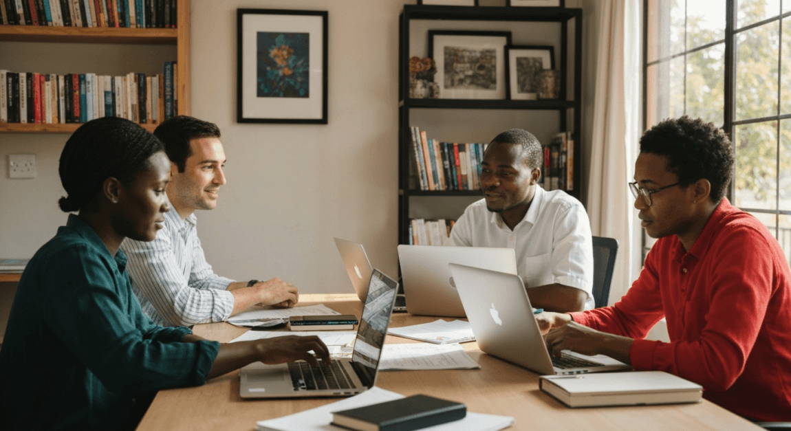 Multicultural team collaborating in a Botswana office setting