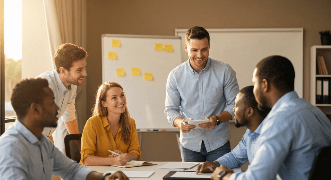 Team meeting led by an emotionally intelligent leader in Botswana