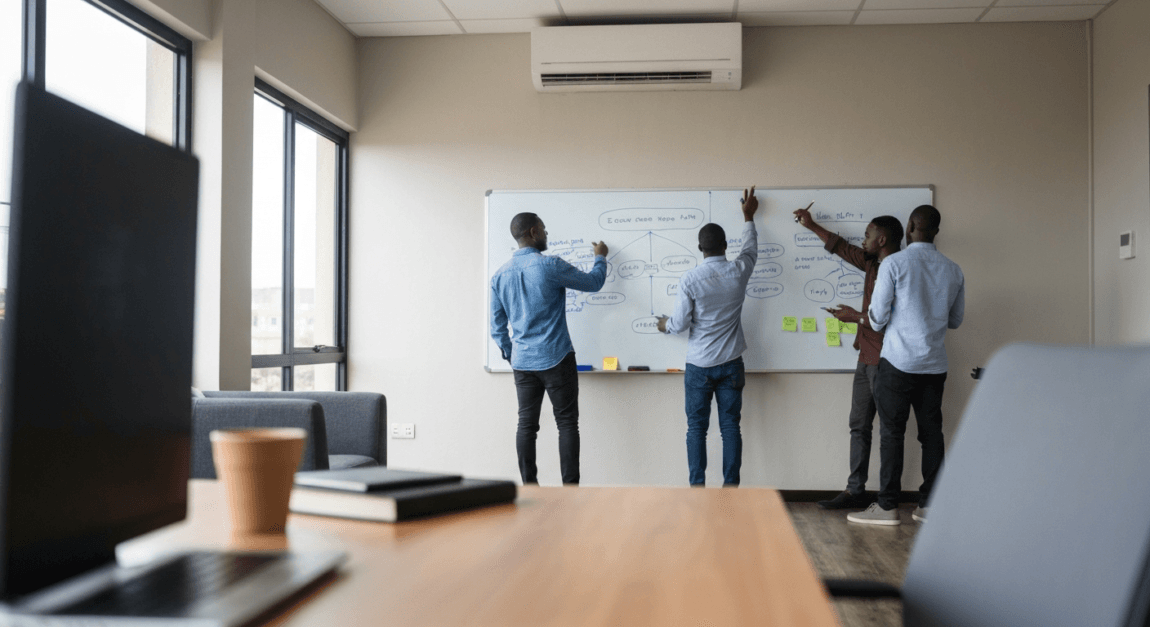 Entrepreneurs brainstorming business strategies in Botswana office space.