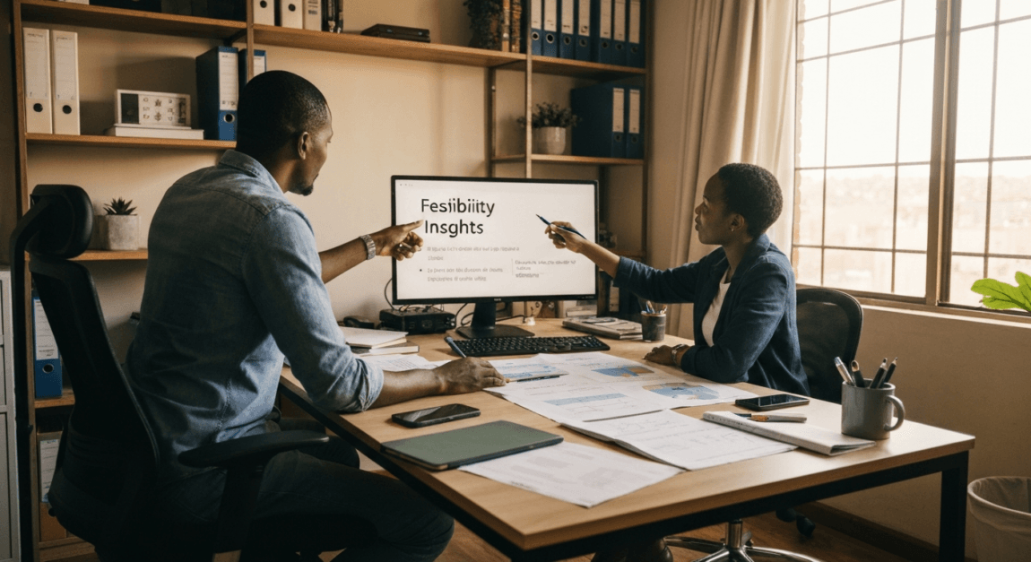 Professionals in Botswana combining feasibility and business plan insights.