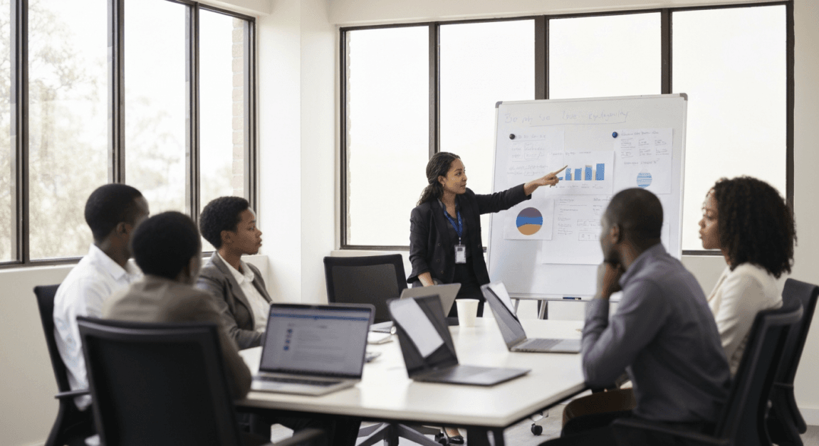 Group of professionals discussing project plans in a Botswana office.