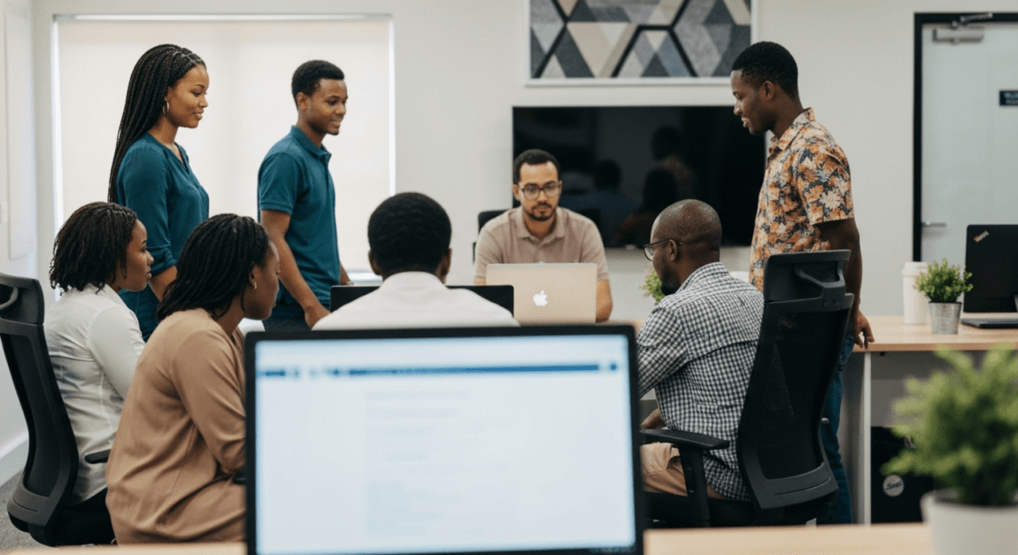 Team of mixed-gender professionals collaborating around a screen in an office.