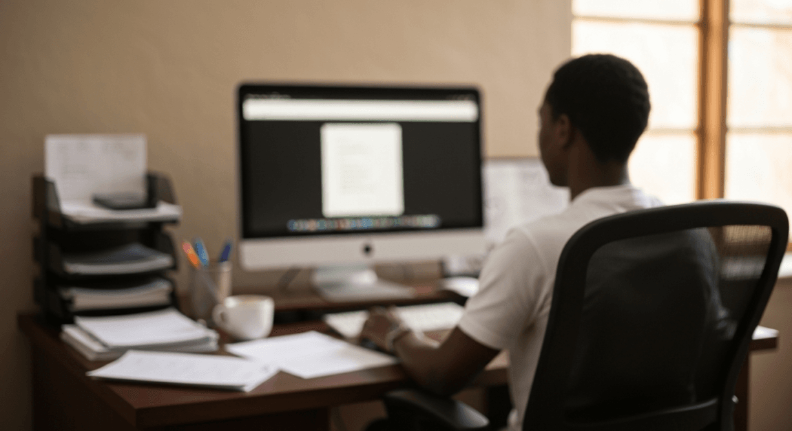 Individual working at a desk in a Botswana home office with a computer screen.
