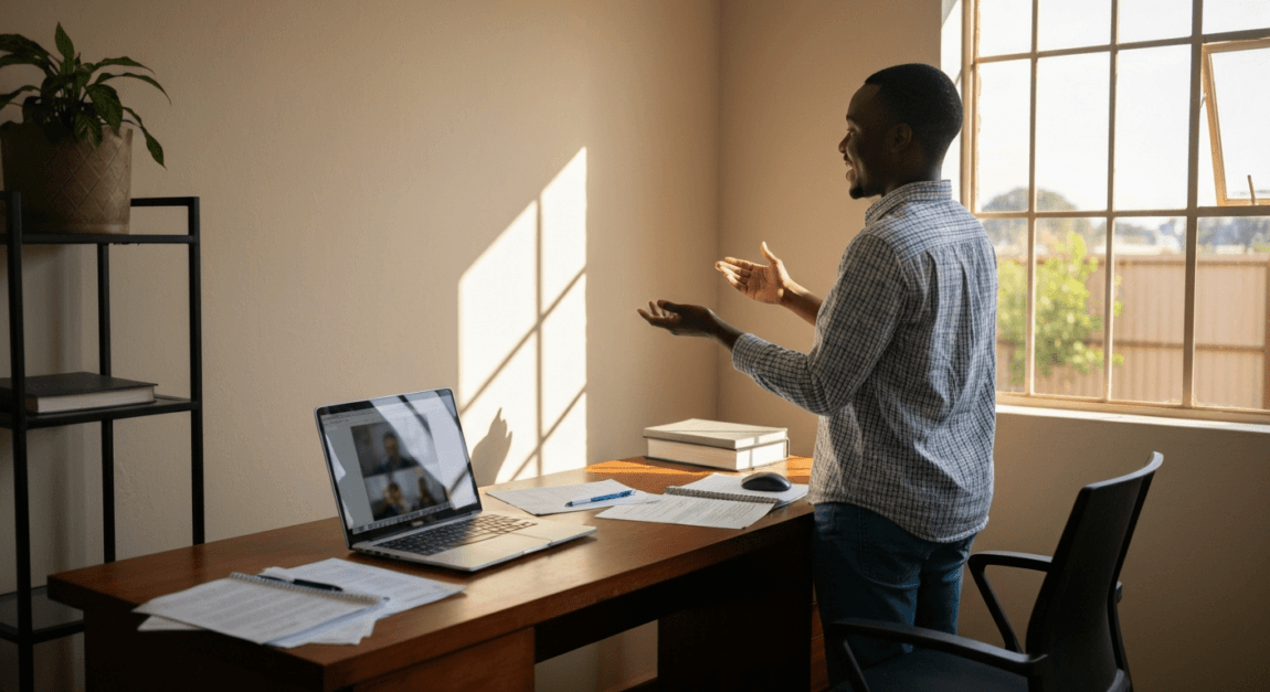 How to Write a Winning Business Plan for Funding in Botswana 1 Entrepreneur in Botswana giving a presentation from home, highlighting their business idea.