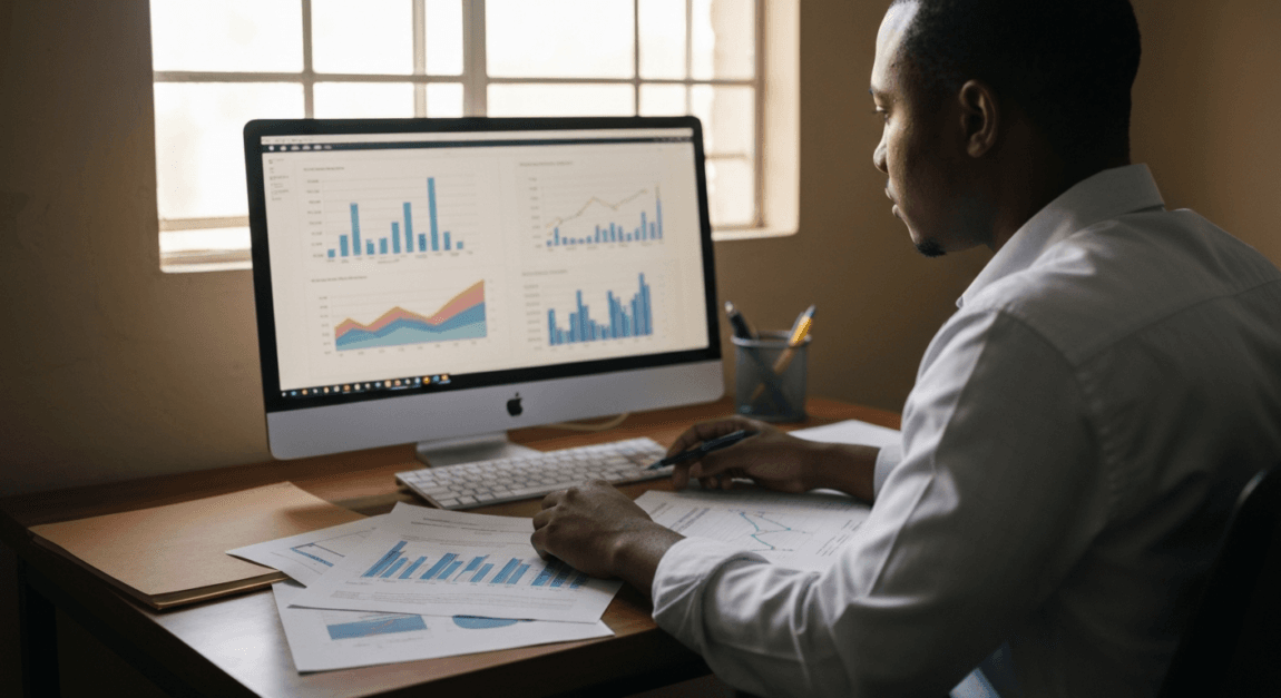 How to Write a Winning Business Plan for Funding in Botswana 2 Professional in Botswana analyzing market data on a computer and physical documents.