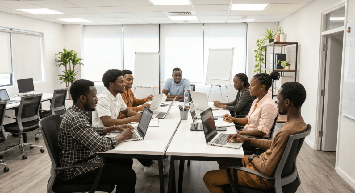 Young entrepreneurs collaborating at a Botswana startup accelerator office