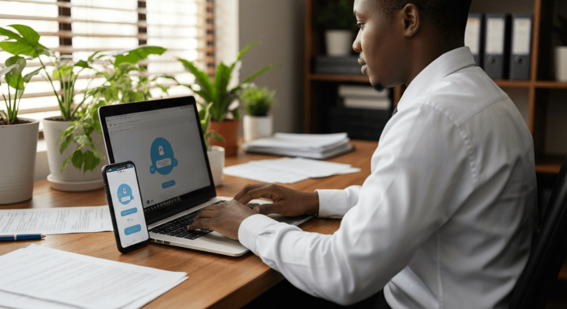 How to Use AI in Business with No Money 1 Business professional using a chatbot on a smartphone in a Botswana office